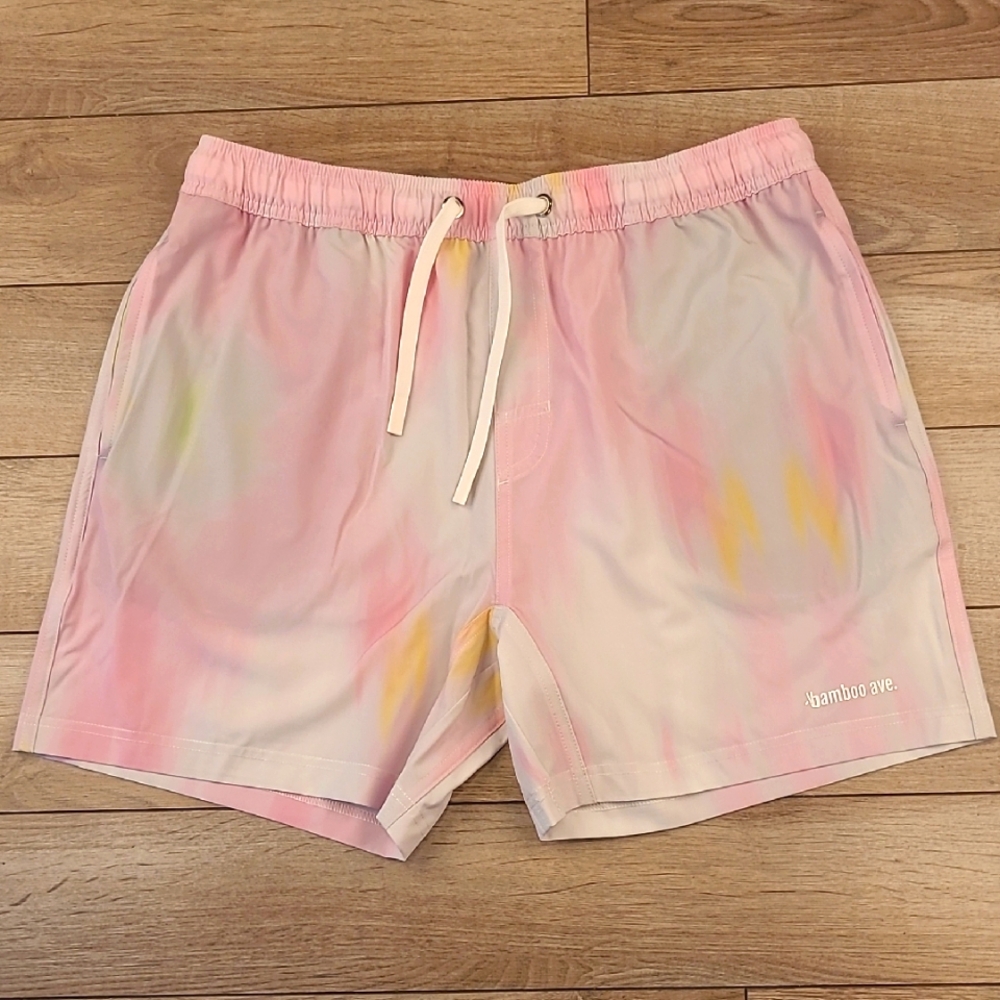 BAMBOO AVE Pink White Yellow Abstract Large Athletic Performance Workout Shorts